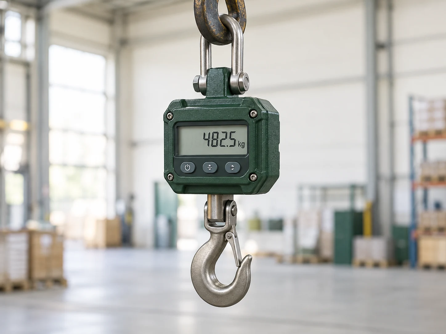 Digital crane scale with an upper lifting shackle and lower safety hook