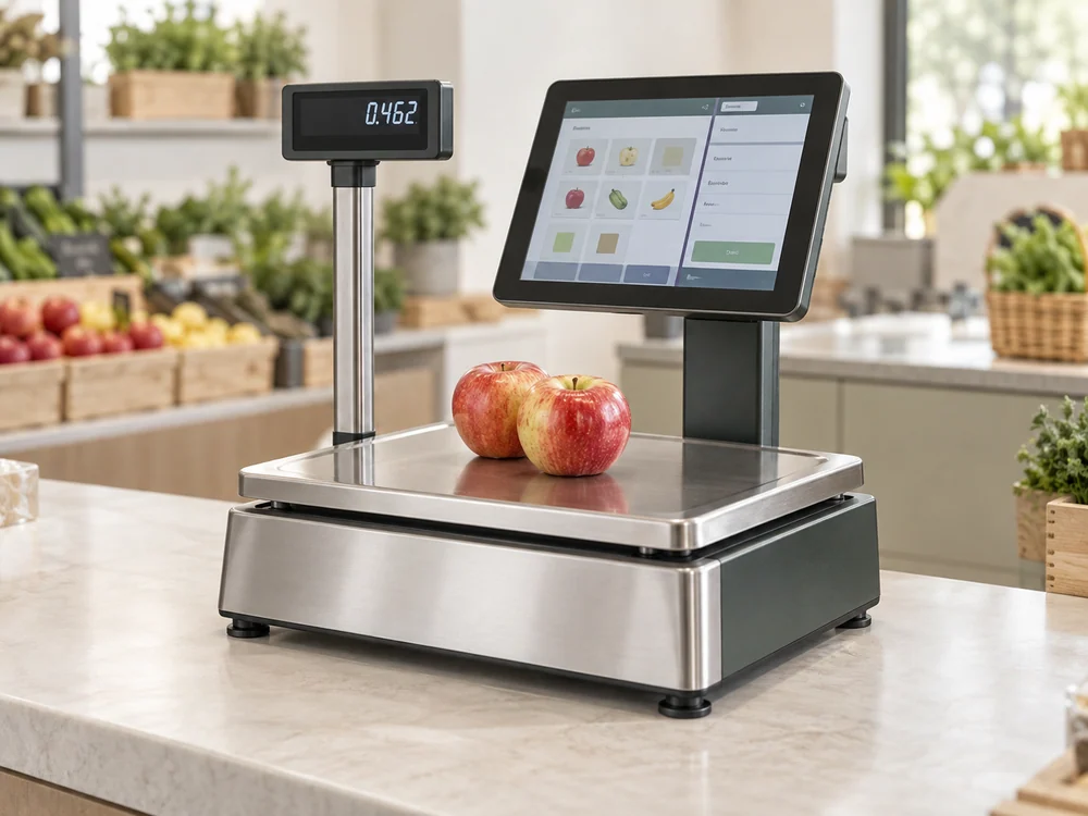 Retail POS weighing scale with a stainless platter and touchscreen