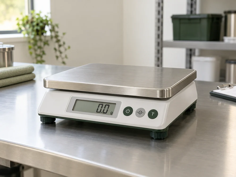Compact tabletop scale with a stainless tray and integrated digital display